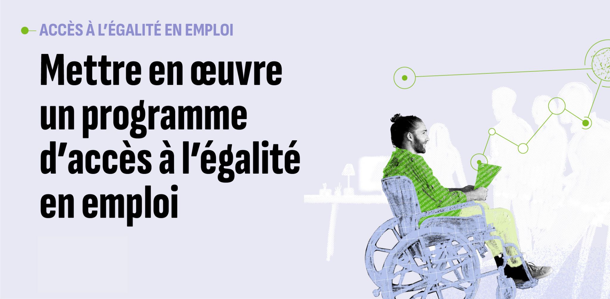 Dessin d'un homme blanc en chaise roulante avec des silhouettes d'autres personnes dans un milieu de travail.